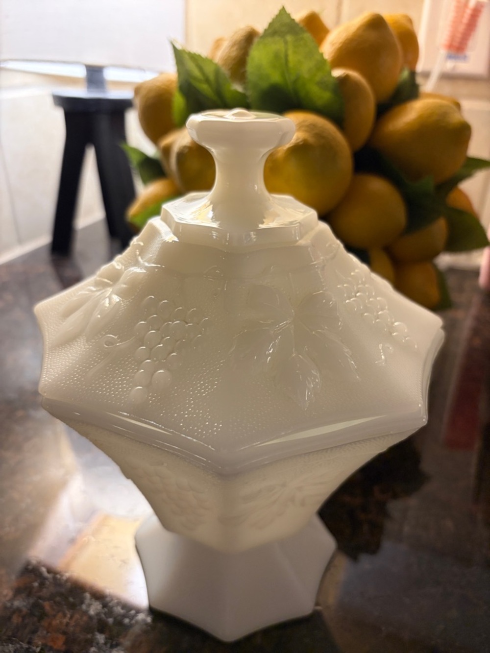 Milk Glass colony harvest grape pattern covered pedestal candy dish. 8” lid on.